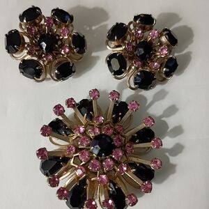 Vintage 50's Black Glass & Pink Rhinestone Set Brooch & Clip Earrings